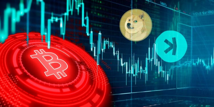 Bitcoin rojo, Dogecoin y Kaspa.
