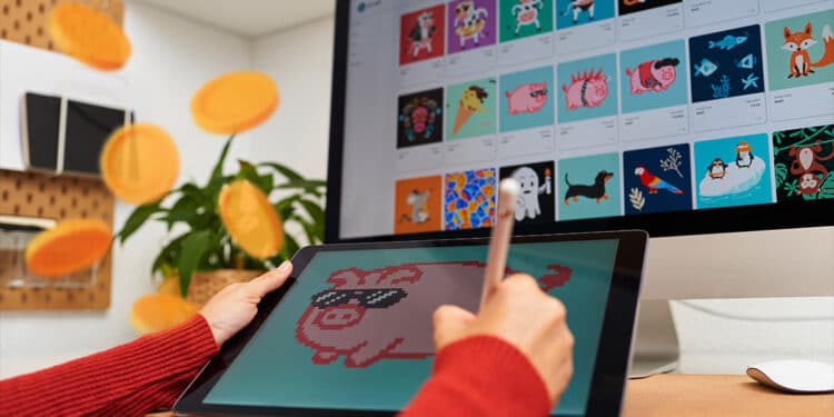 persona creando arte NFT con monedas cayendo en el fondo