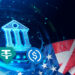 Banco, bandera de Estados Unidos y stablecoins.