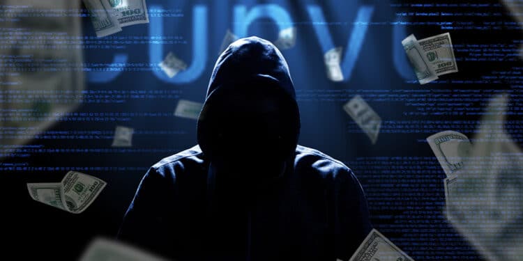 hacker entre codigo y billetes de dolares cayendo con logo de Curve en el fondo