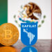 Bitcoin, logo de gafilat y bandera de México.