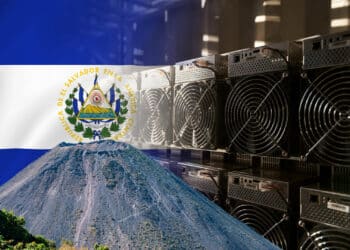 Bandera y volcán de El Salvador y pool de minería de bitcoin.