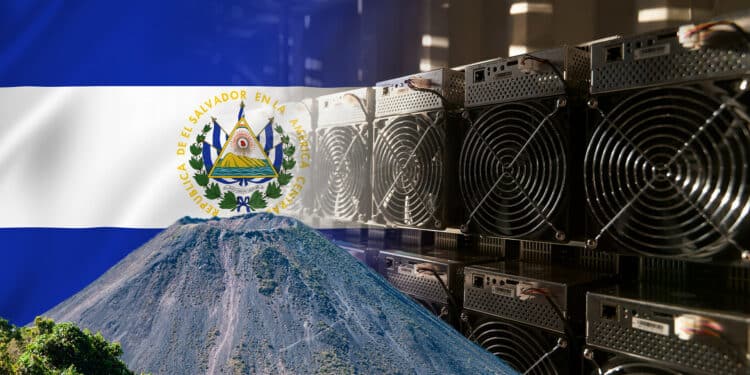 Bandera y volcán de El Salvador y pool de minería de bitcoin.