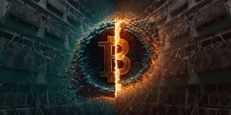 moneda de bitcoin dividiendose a la mitad con mineros asic en el fondo