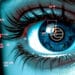escaner de iris de persona con logo de worldcoin reflejado y señal de advertencia