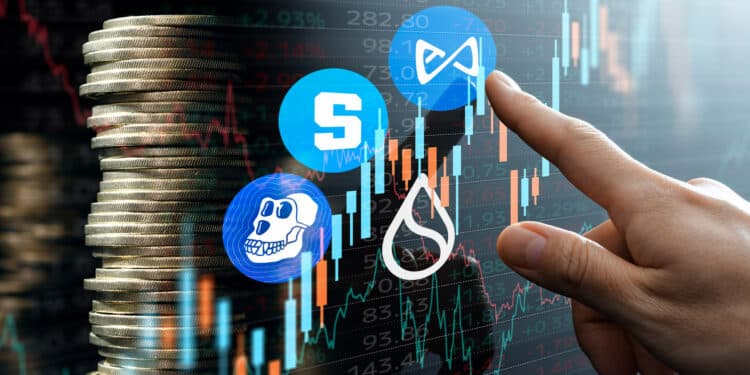 SUI, ApeCoin, Axi Infinity, The Sandbox y gráfico de mercado.