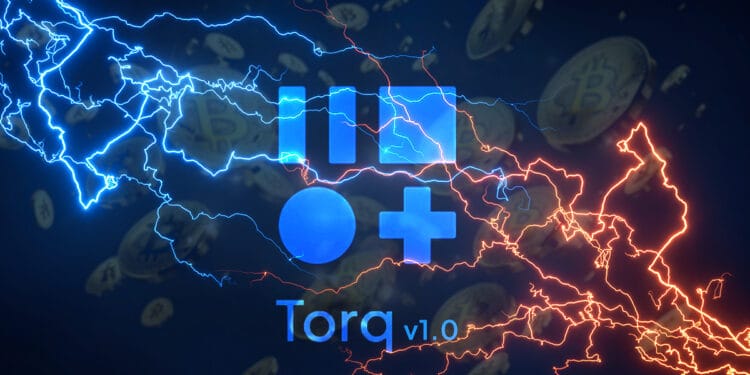 logo de Torq v1.0 entre red lightning de bitcoin en el fondo