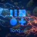 logo de Torq v1.0 entre red lightning de bitcoin en el fondo