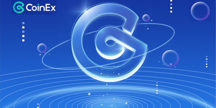 Logo de CoinEx sobre fondo azul.