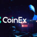 logo de CoinEx y hacker con laptop en mano.
