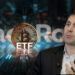 Jeff Dorman con moneda de bitcoin y ETF sobre superficie de cristal y logo de BlackRock en el fondo