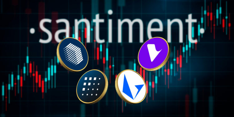 Logo de Santiment y criptomonedas FET, LRC, REN y TVK.