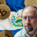 Adam Back con monedas de bitcoin cayendo sobre bandera de El Salvador