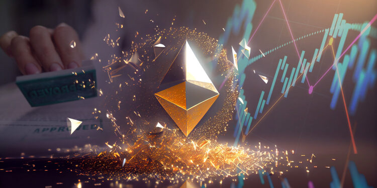 logo de ethereum entre grafico de precio y persona aprobando documento