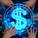 manos rodeando simbolo de dolar digital