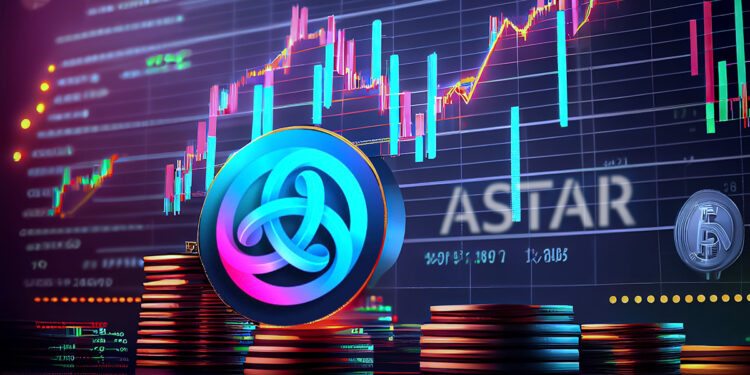 moneda de Astar sobre monedas apiladas con grafico de precio en pantalla en el fondo