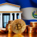 Bandera de El Salvador, bitcoin y banco.