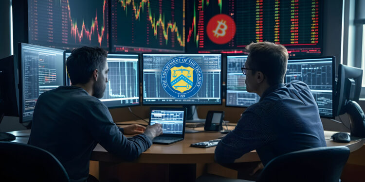 Brókers de bitcoin y logo de el Departamento del Tesoro.