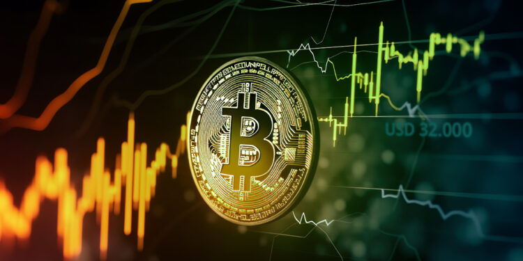 moneda de bitcoin sobre grafico de precio al alza sobre resistencia de 32.000 dólares