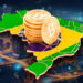 monedas de bitcoin sobre mapa de brasil y ciudad digital en el fondo