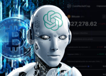 inteligencia artificial con logo de ChatGPT con moneda digital de Bitcoin y datos de precio de CoinMarketCap en el fondo