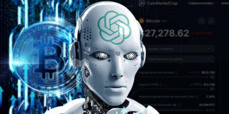 inteligencia artificial con logo de ChatGPT con moneda digital de Bitcoin y datos de precio de CoinMarketCap en el fondo