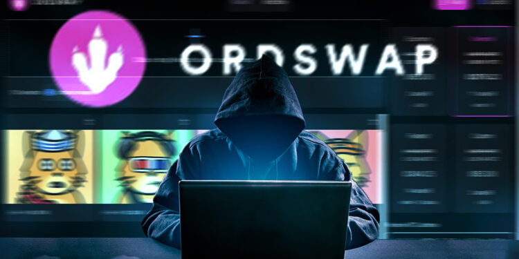 hacker en computadora con plataforma de Ordswap en el fondo