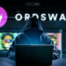 hacker en computadora con plataforma de Ordswap en el fondo