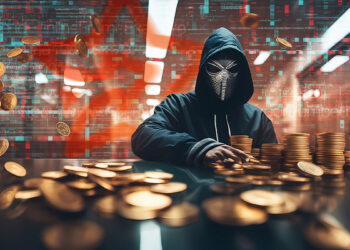 hacker contando monedas apiladas sobre mesa con codigo y logo de Stars Arena en el fondo
