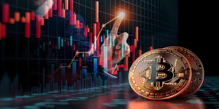 monedas de bitcoin junto a grafico de precio cayendo con persona señalando aumento en el fondo