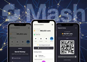 telefonos moviles con la aplicación de la wallet mash de bitcoin con relampagos en el fondo