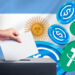 Persona votando, bandera de Argentina y stablecoins.