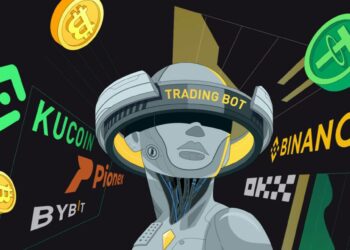 Robot de Trading rodeado por los logos de los exchanges OKX, Binance, KuCoin, Bybit y Pionex.