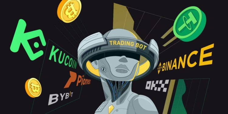 Robot de Trading rodeado por los logos de los exchanges OKX, Binance, KuCoin, Bybit y Pionex.