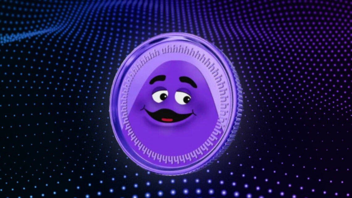 Dibujo de una moneda GRIMACE en color purpura sobre fondo azul oscuro con filas dde puntos violeta.