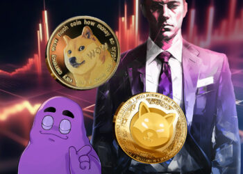 Un hombre en traje de vestir con las memecoins DOGE, SHIB y GRIMACE flotando en frente.