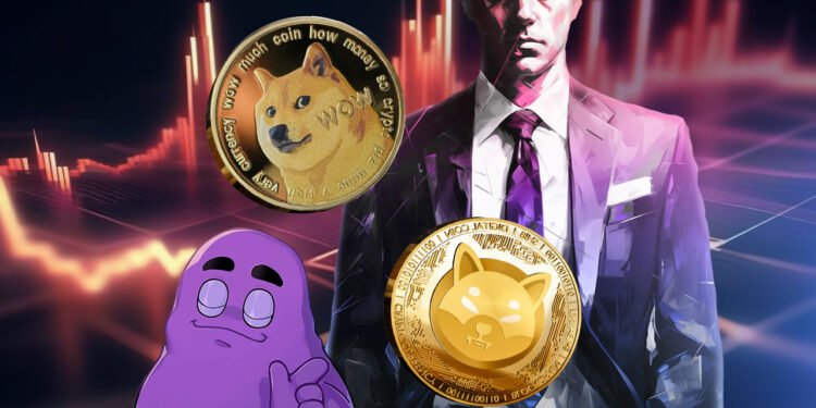 Un hombre en traje de vestir con las memecoins DOGE, SHIB y GRIMACE flotando en frente.