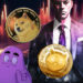 Un hombre en traje de vestir con las memecoins DOGE, SHIB y GRIMACE flotando en frente.