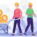 Dibujo de dos hombres en una mina de bitcoin con un carretón con el logo de CoinEx lleno de bitcoins.