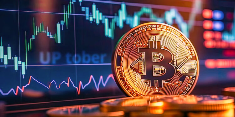 moneda de bitcoin entre monedas apiladas con grafico de precio alcista en pantalla al fondo