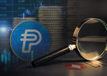 logo de BIS sobre mesa con lupa apoyada sobre logo y moneda de paypalusd en el fondo