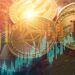 monedas de ethereum y bitcoin con grafico de precio alcista superpuesto