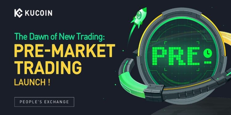 Pancarta promocional del producto Pre-Market Trading de KuCoin.