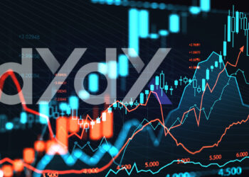 logo de dydX chain sobre plataforma de trading con graficos de precio en alza