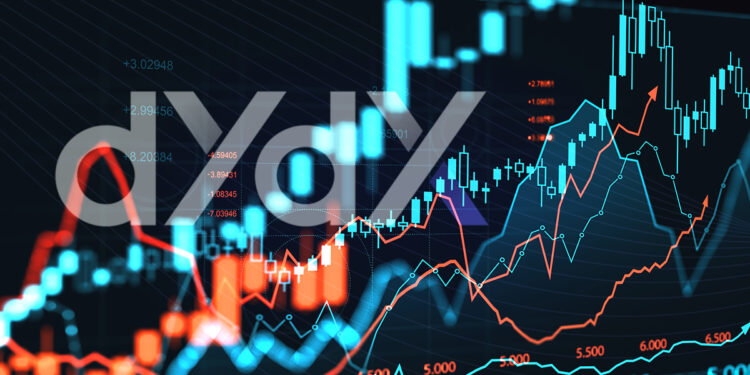 logo de dydX chain sobre plataforma de trading con graficos de precio en alza