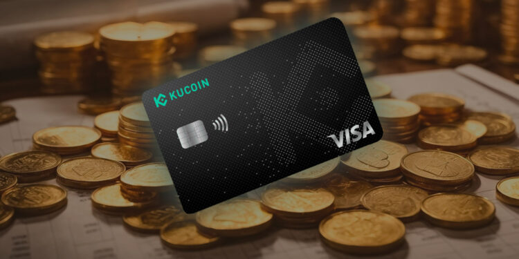 Tarjeta de debito VISA de color negro emitida por KuCoin flotando sobre pilas de monedas en una mesa.