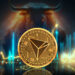 moneda de tron entre graficos de precio con toro en el fondo