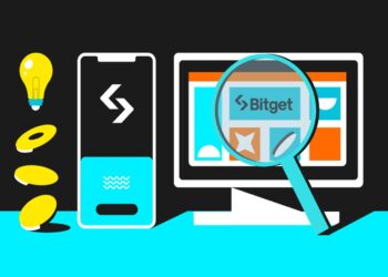 Una lupa enfocando el logo de BitGet y un dibujo de un celular al lado.