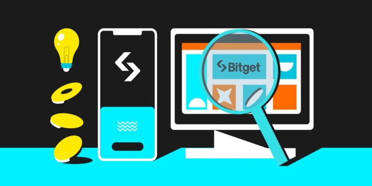 Una lupa enfocando el logo de BitGet y un dibujo de un celular al lado.