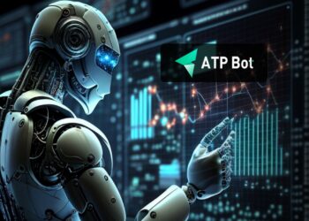 Robot cibernético tocando una pantalla de computadora y logo de ATPBot arriba.